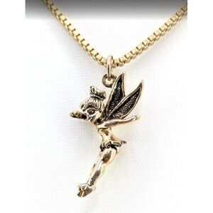 Walt Disney Productions Fairy Pendant Necklace Gold Tone Box Chain 18in Signed